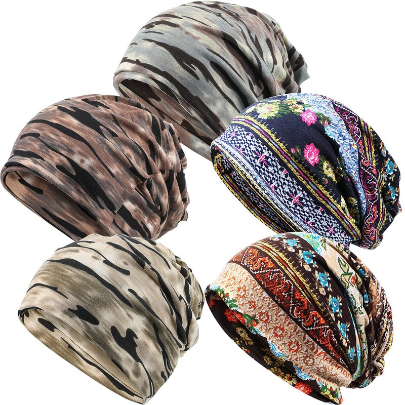 Satinior 5 Pieces Women's Slouchy Beanie Hat Stretch Turban Hats Cancer Headwear Caps Baggy Skull Sleep Scarf (Chic Style) Multicoloured - Image 1