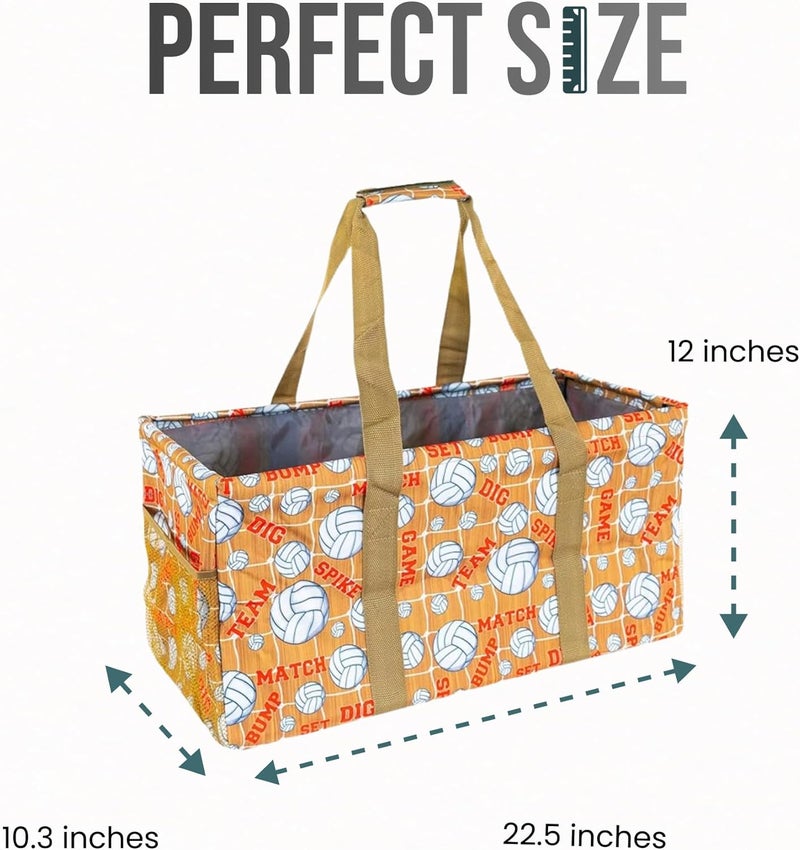 Lucazzi Extra Large Utility Tote Bag - Oversized Collapsible Reusable Wire Frame Rectangular Canvas Basket With Two Exterior Pockets For Beach, Pool, Laundry, Car Trunk, Storage - Volleyball - Image 3