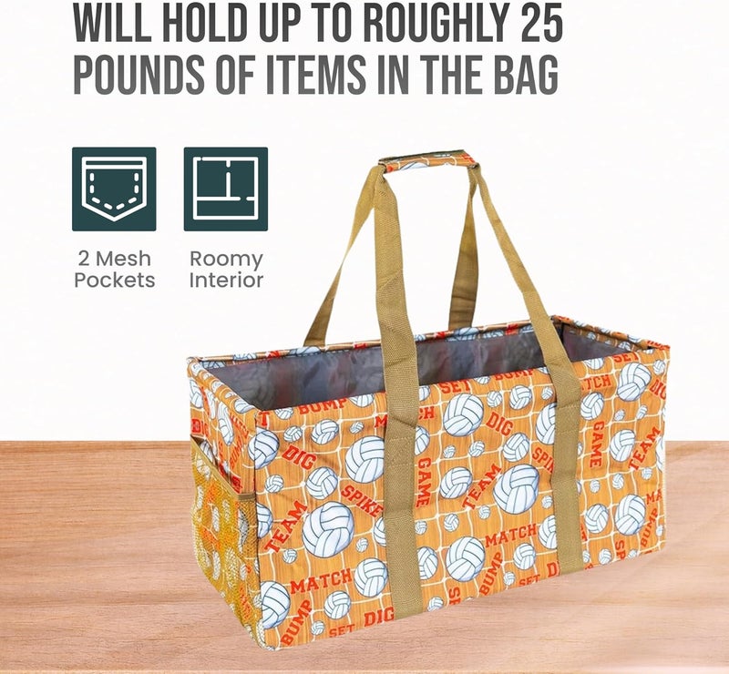 Lucazzi Extra Large Utility Tote Bag - Oversized Collapsible Reusable Wire Frame Rectangular Canvas Basket With Two Exterior Pockets For Beach, Pool, Laundry, Car Trunk, Storage - Volleyball - Image 4