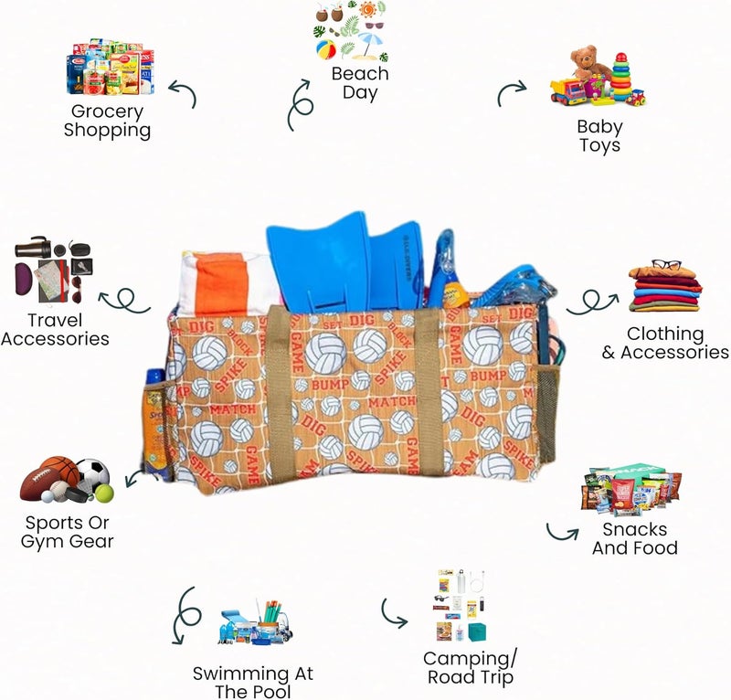 Lucazzi Extra Large Utility Tote Bag - Oversized Collapsible Reusable Wire Frame Rectangular Canvas Basket With Two Exterior Pockets For Beach, Pool, Laundry, Car Trunk, Storage - Volleyball - Image 2