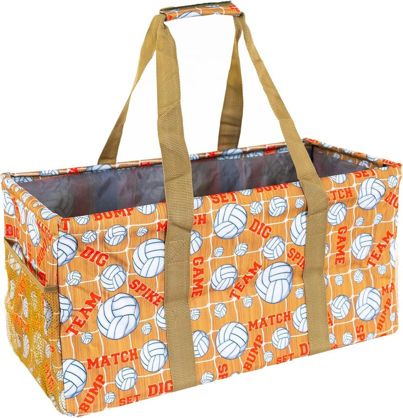 Lucazzi Extra Large Utility Tote Bag - Oversized Collapsible Reusable Wire Frame Rectangular Canvas Basket With Two Exterior Pockets For Beach, Pool, Laundry, Car Trunk, Storage - Volleyball - Image 1