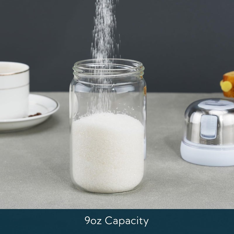 KITCHENDAO موزع السكر الزجاجي من مع فوهة صب جانبية، غطاء مدمج لإبطاء الرطوبة مع علامات قياس، هزاز سكر زجاجي بوروسيليكات أنيق، خالٍ من BPA، 9 أونصة (أبيض) - Image 4