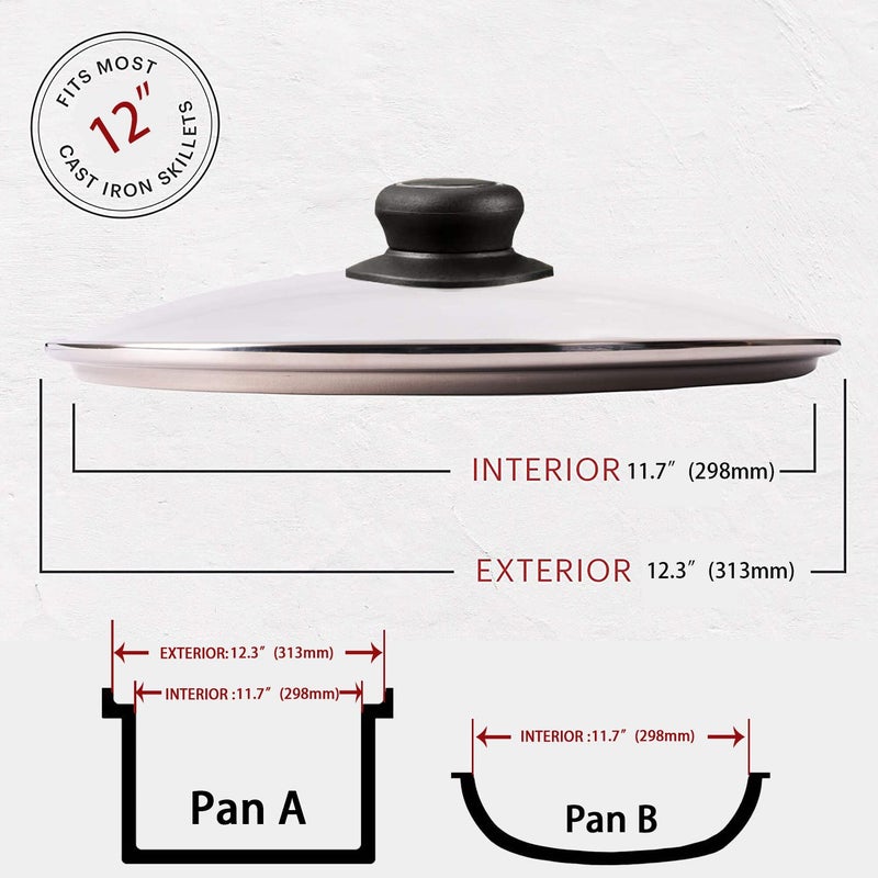 CORYTAO 12 Inch Glass Lid for Frying Pan Lid, Pan Lid, Skillet, Pot Cover, Compatible with Lodge Cast Iron Skillet -12" Cover with Heat-Resistant Handle, Clear - Image 2