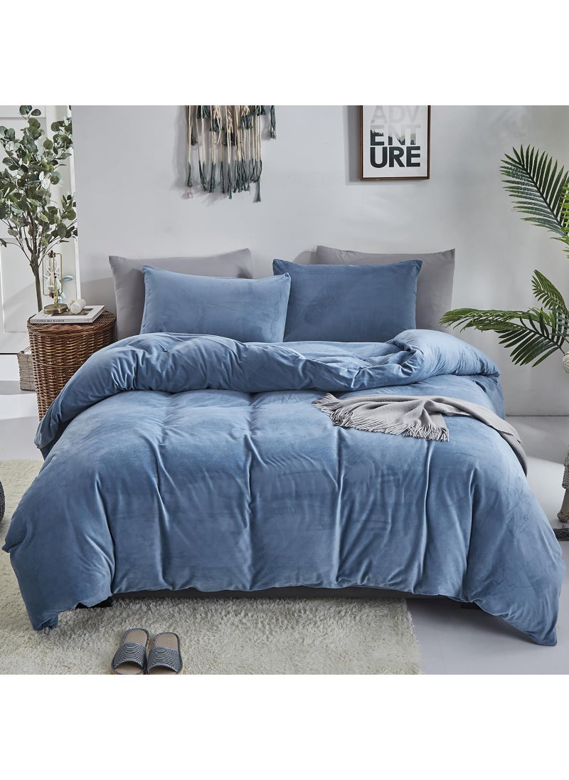 Luxlovery Luxlovery Blue Velvet Queen Fluffy Plush Bedding Haze Blue Sherpa Micromink Blanket Quilts Soft Heavyweight Winter Warm Comforter Set 