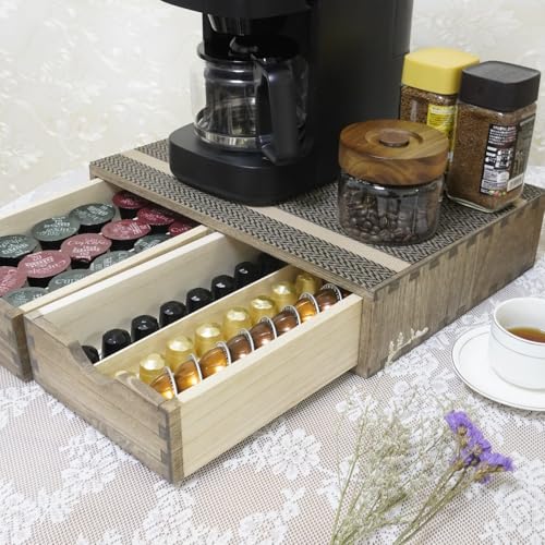 DDYURI Coffee Pods Storage Drawer Holder for Capsules - Multi Functional Desk Organizer Drawers For K cups Coffee Maker Brew - Kitchen Mini Wooden Box Chest Sideboard Counter Organization CF1D2C Dark - Image 2