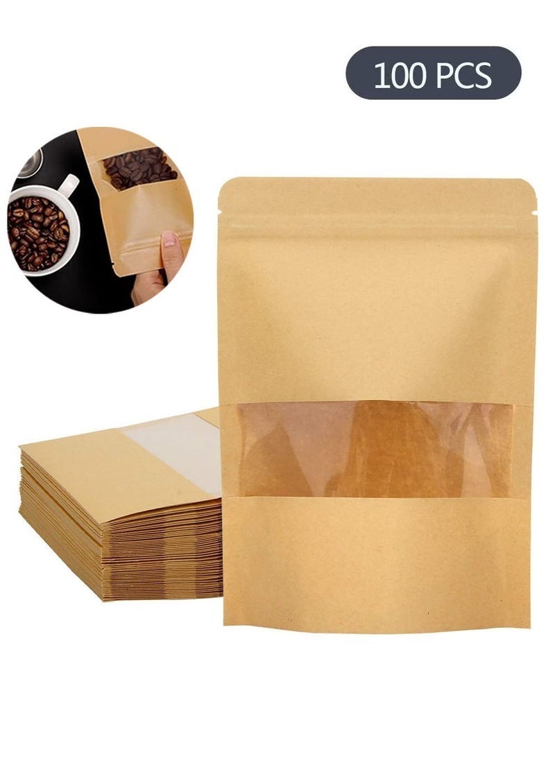 BOBANA 100 Durable Resealable Bags, Zip Lock Reusable Kraft Paper Stand Up Bags with Matte Window, For Dry Food & Packaging (19x23cm) - Image 1