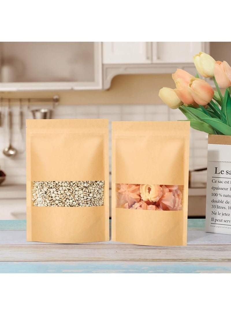 BOBANA 100 Durable Resealable Bags, Zip Lock Reusable Kraft Paper Stand Up Bags with Matte Window, For Dry Food & Packaging (19x23cm) - Image 2