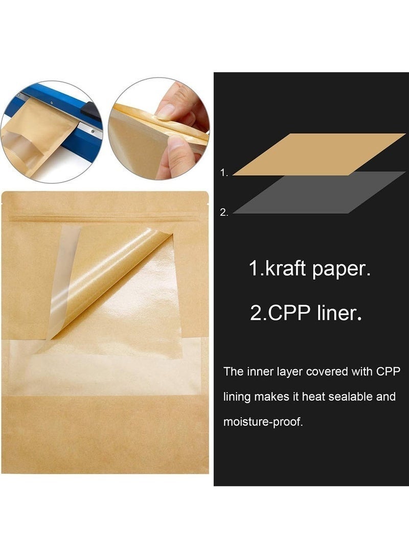 BOBANA 100 Durable Resealable Bags, Zip Lock Reusable Kraft Paper Stand Up Bags with Matte Window, For Dry Food & Packaging (19x23cm) - Image 4