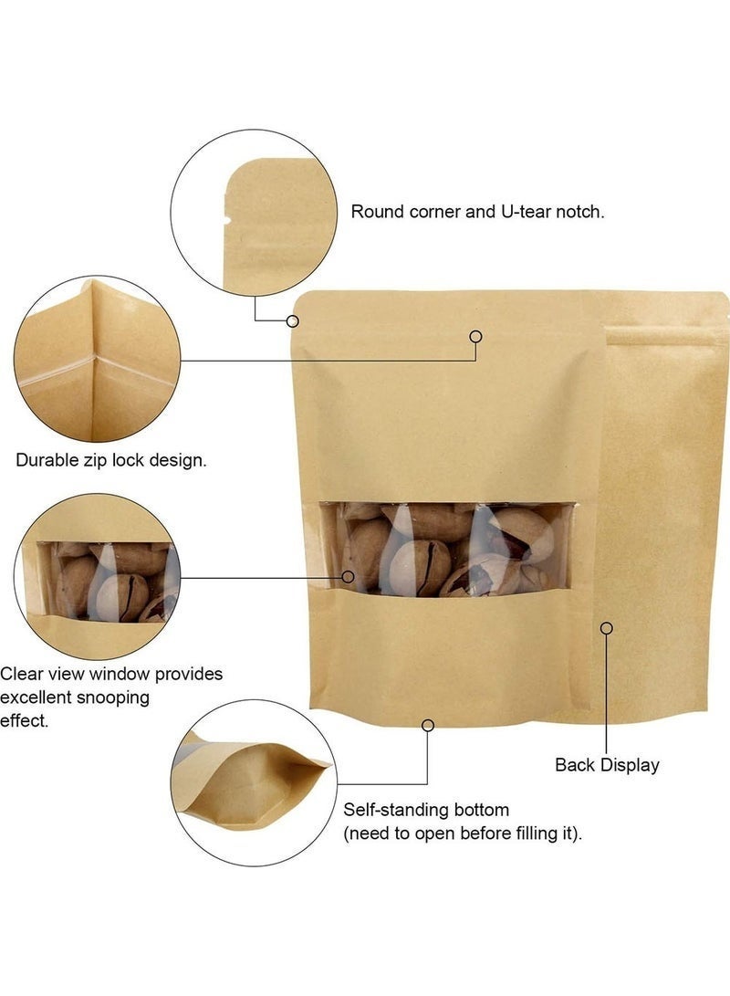 BOBANA 100 Durable Resealable Bags, Zip Lock Reusable Kraft Paper Stand Up Bags with Matte Window, For Dry Food & Packaging (19x23cm) - Image 5