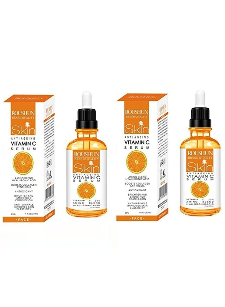 Roushun Anti-Age Vitamin C Serum 30ml Pack of 2 – Amino Blend & Hyaluronic Acid for Collagen Boost, Anti-Wrinkle, Brightening & Skin Elasticity