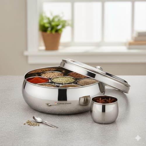 Human Hydro Premium Belly Shape Masala Dabba (20 cm, 7-in-1) | Stainless Steel Spice Box with Glass Lid, 7 Containers & 1 Spoon | Airtight, Durable Masala Container - Image 5
