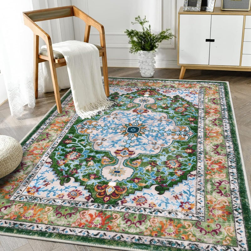 U'Artlines Boho Vintage Area Rug 3x5 Machine Washable Low Pile Soft Floor Carpet Non Slip Non Shedding Accent Rug for Living Room Bedroom Entryway Dining Room Office Green - Image 1