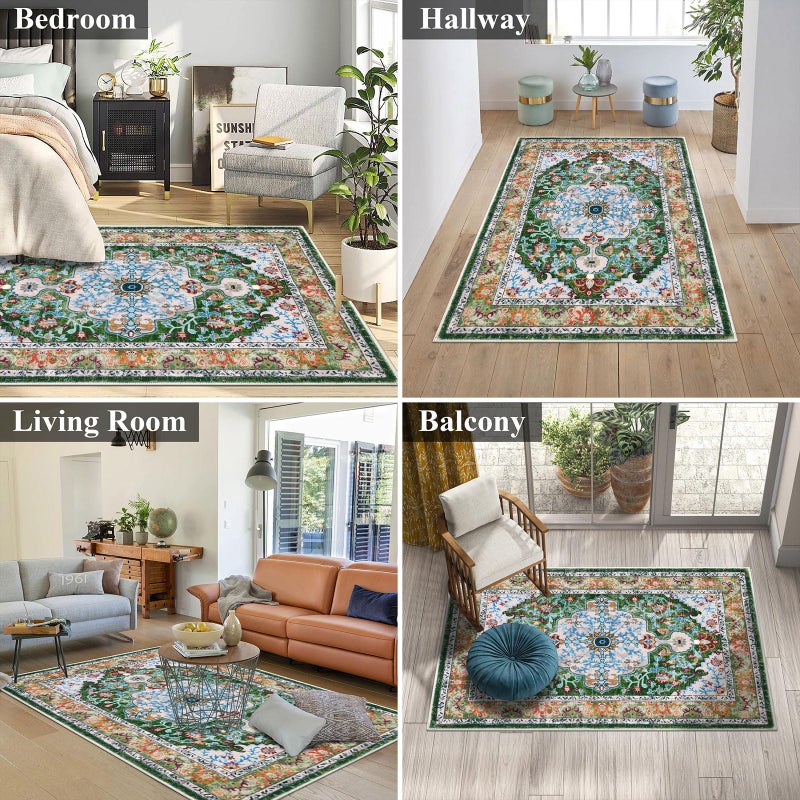 U'Artlines Boho Vintage Area Rug 3x5 Machine Washable Low Pile Soft Floor Carpet Non Slip Non Shedding Accent Rug for Living Room Bedroom Entryway Dining Room Office Green - Image 5