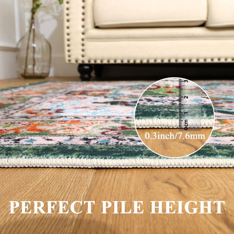U'Artlines Boho Vintage Area Rug 3x5 Machine Washable Low Pile Soft Floor Carpet Non Slip Non Shedding Accent Rug for Living Room Bedroom Entryway Dining Room Office Green - Image 4