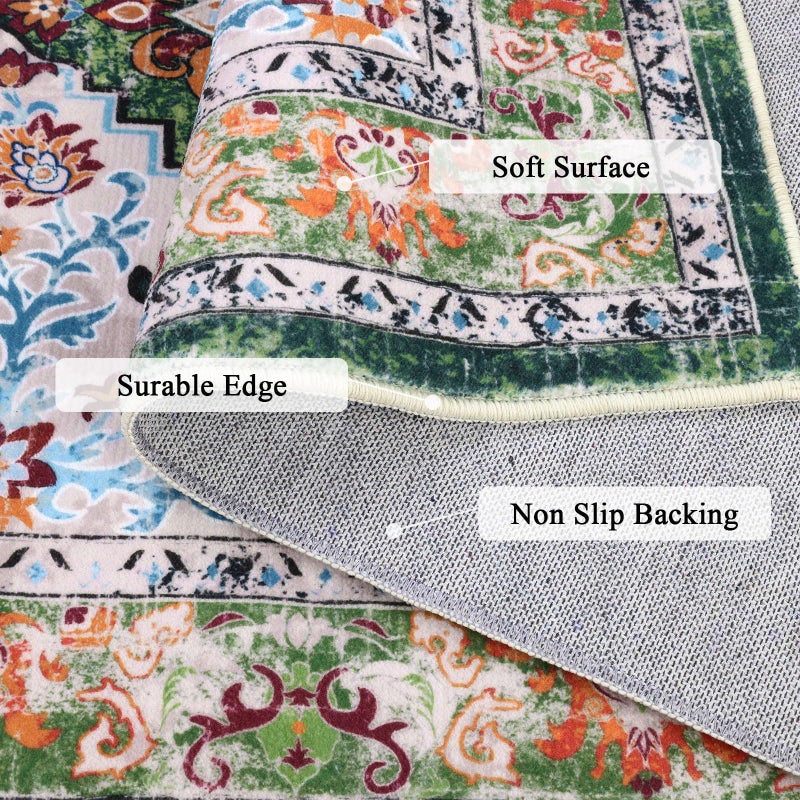 U'Artlines Boho Vintage Area Rug 3x5 Machine Washable Low Pile Soft Floor Carpet Non Slip Non Shedding Accent Rug for Living Room Bedroom Entryway Dining Room Office Green - Image 3