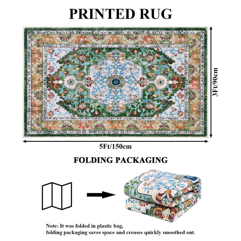 U'Artlines Boho Vintage Area Rug 3x5 Machine Washable Low Pile Soft Floor Carpet Non Slip Non Shedding Accent Rug for Living Room Bedroom Entryway Dining Room Office Green - Image 2