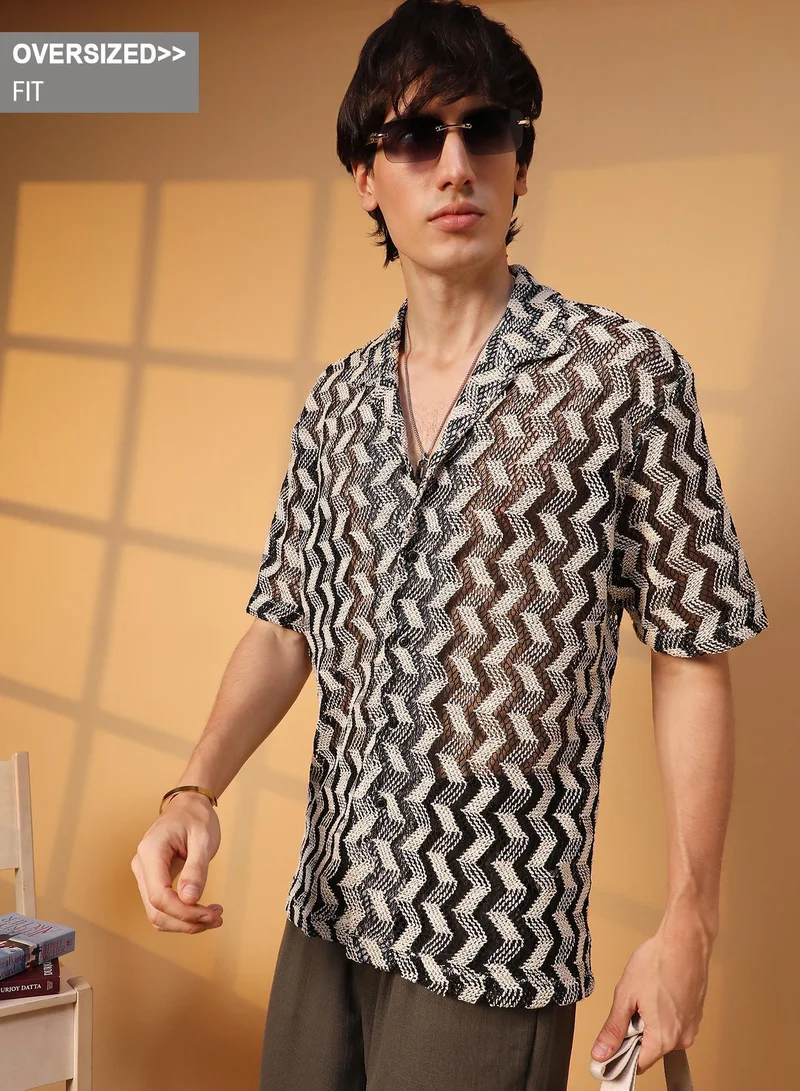 Campus Sutra Men's Cream White & Midnight Black Chevron Knit Oversized Shirt