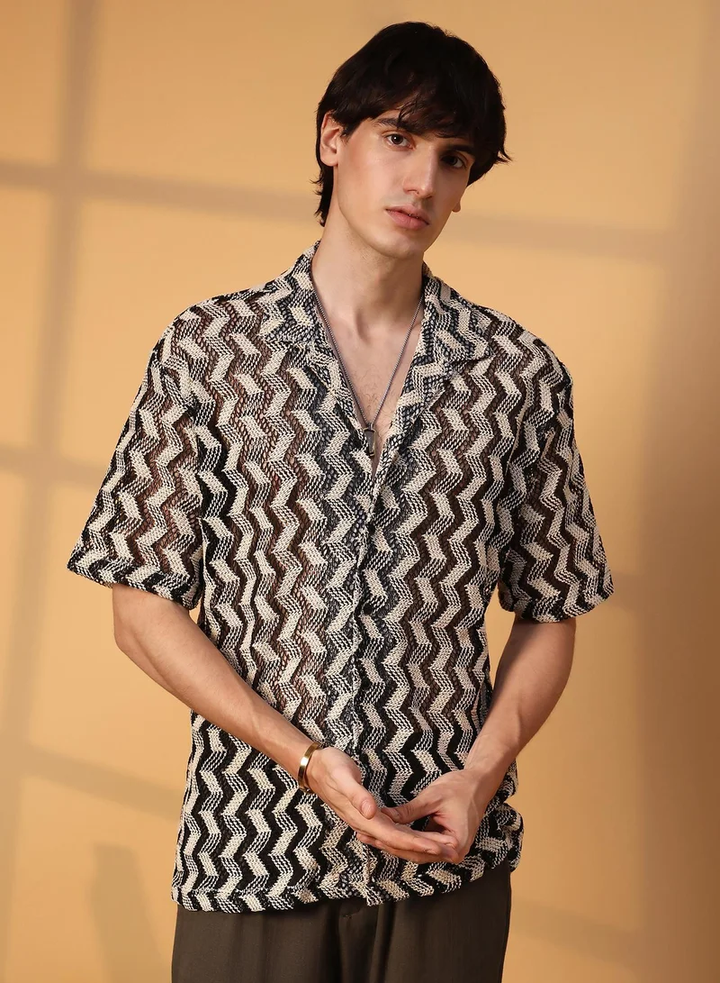 Campus Sutra Men's Cream White & Midnight Black Chevron Knit Oversized Shirt