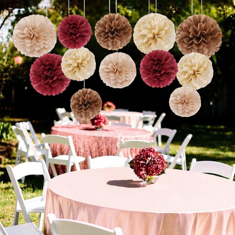 Capesaro Burgundy Beige 12PCS Paper Pom Poms Party Decorations for Engagement,Boho Wedding,Baby Shower - Image 3