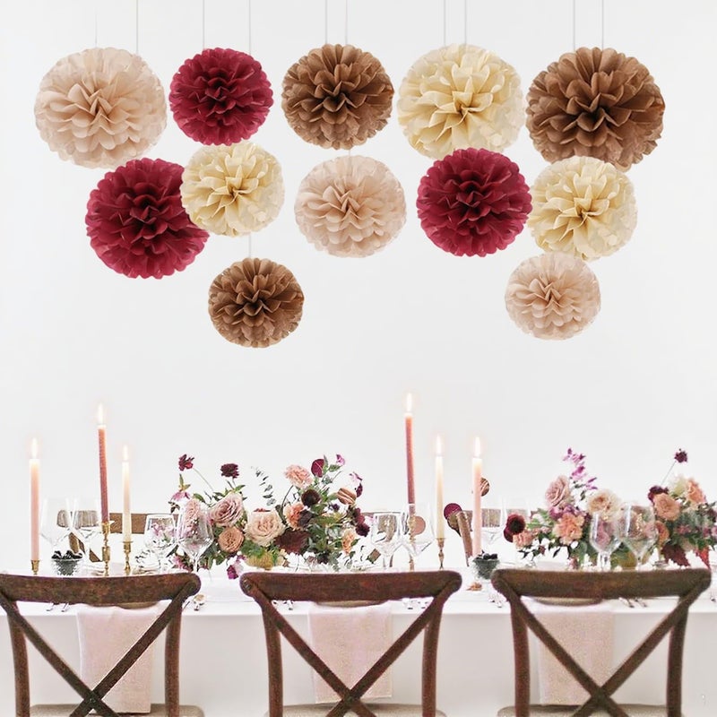 Capesaro Burgundy Beige 12PCS Paper Pom Poms Party Decorations for Engagement,Boho Wedding,Baby Shower - Image 2