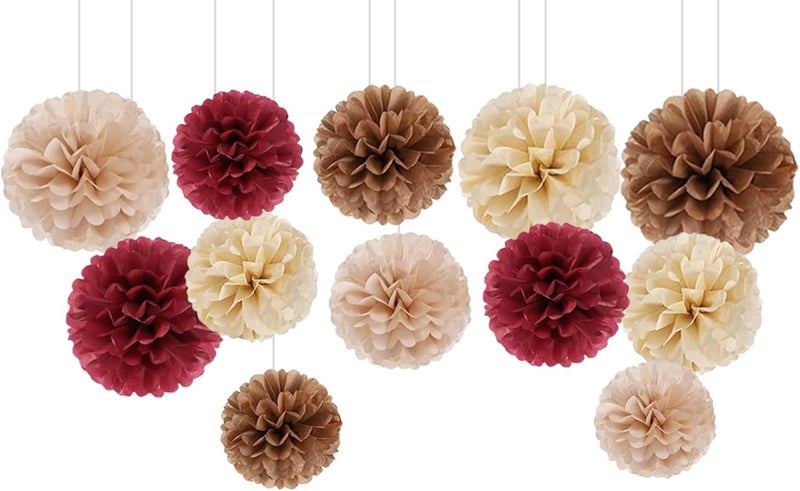 Capesaro Burgundy Beige 12PCS Paper Pom Poms Party Decorations for Engagement,Boho Wedding,Baby Shower - Image 1