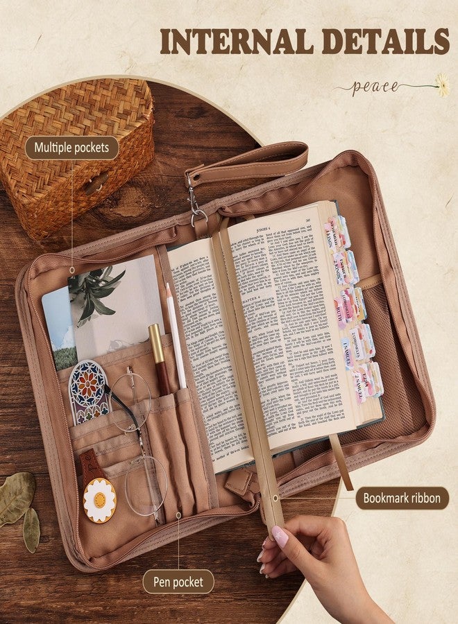 emmoolife Vintage Bible Cover Case, Genuine Leather Large Bag with Handle & Zippered Pocket, Elegant Floral Pattern, for Standard Size & Bible Accessories, Ideal Gift for Women Families Faith Lovers - Image 5