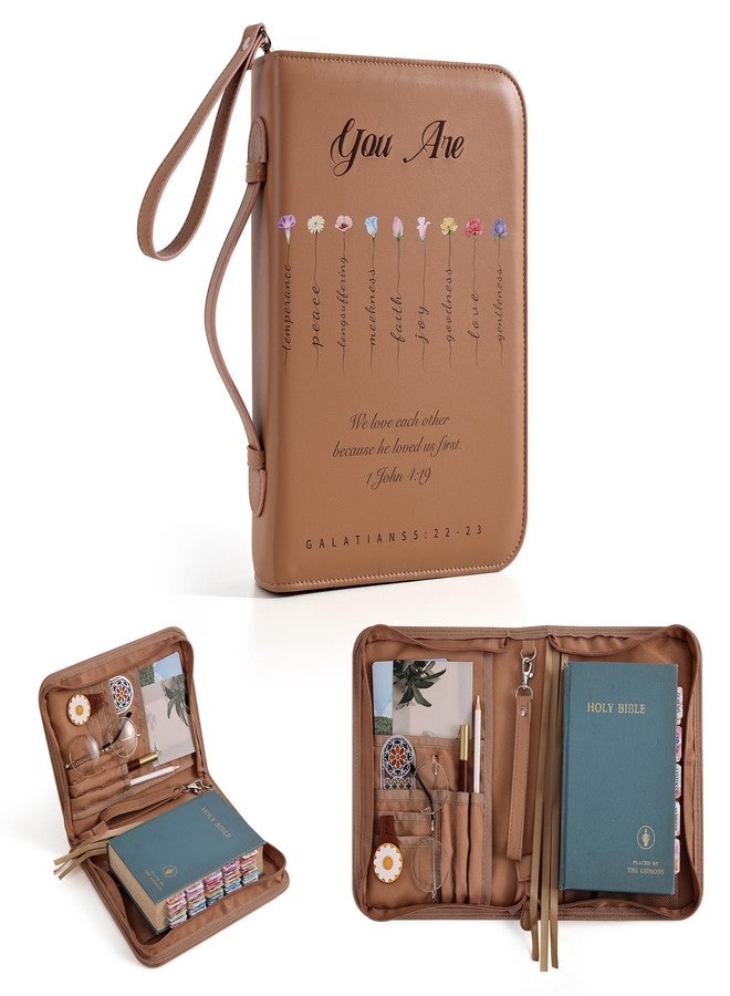emmoolife Vintage Bible Cover Case, Genuine Leather Large Bag with Handle & Zippered Pocket, Elegant Floral Pattern, for Standard Size & Bible Accessories, Ideal Gift for Women Families Faith Lovers - Image 1
