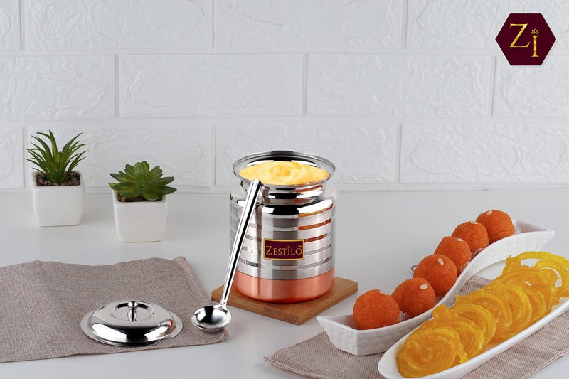 ZESTILO Stainless Steel Oil/Ghee Jar Ghee Container Oil Pot Ghee Container With Spoon Copper Bottom Finish (750 Ml), Blue-Violet - Image 5