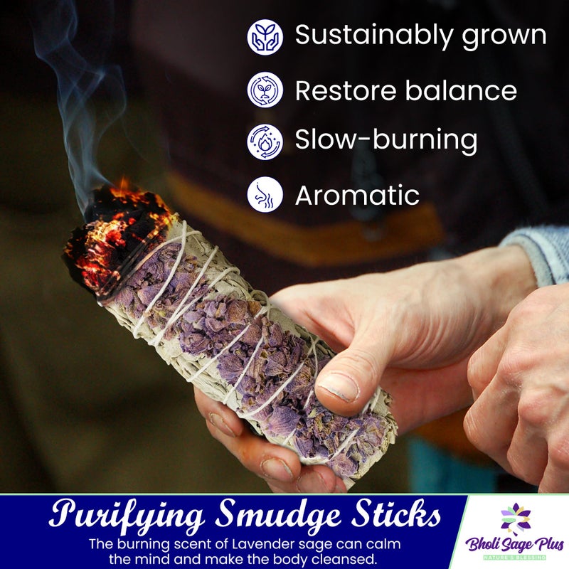 BHOLI SAGE PLUS Lavender with White Sage - Bholi Sage Plus Sage Incense Sticks for Cleansing Negative Energy, Sage Sticks for House Cleansing - Lavender with White Sage Smudge Sticks Pack of 4 - Image 4