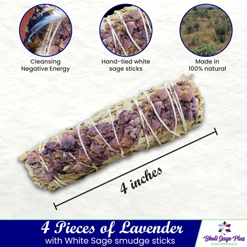 BHOLI SAGE PLUS Lavender with White Sage - Bholi Sage Plus Sage Incense Sticks for Cleansing Negative Energy, Sage Sticks for House Cleansing - Lavender with White Sage Smudge Sticks Pack of 4 - Image 3