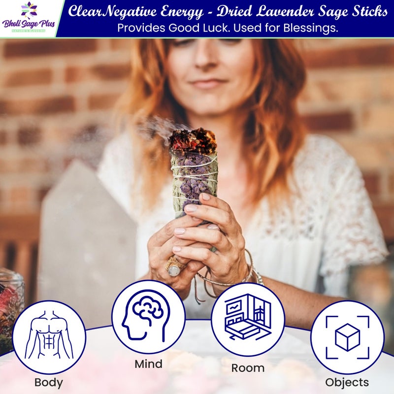 BHOLI SAGE PLUS Lavender with White Sage - Bholi Sage Plus Sage Incense Sticks for Cleansing Negative Energy, Sage Sticks for House Cleansing - Lavender with White Sage Smudge Sticks Pack of 4 - Image 5
