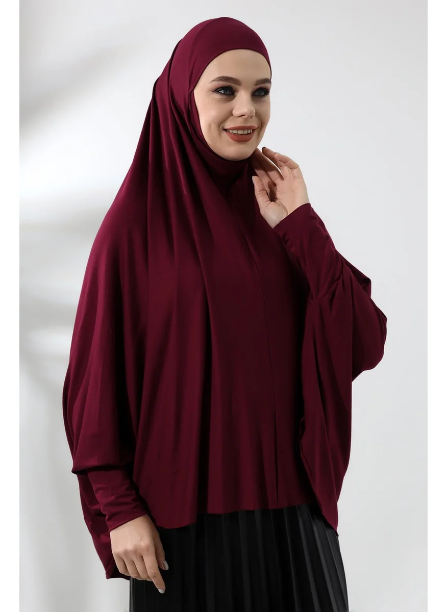 İhvan Online Claret Red Ready Practical Sultanbaş Hijab Sleeve Combed Cotton Soufflé Scarf Hijab