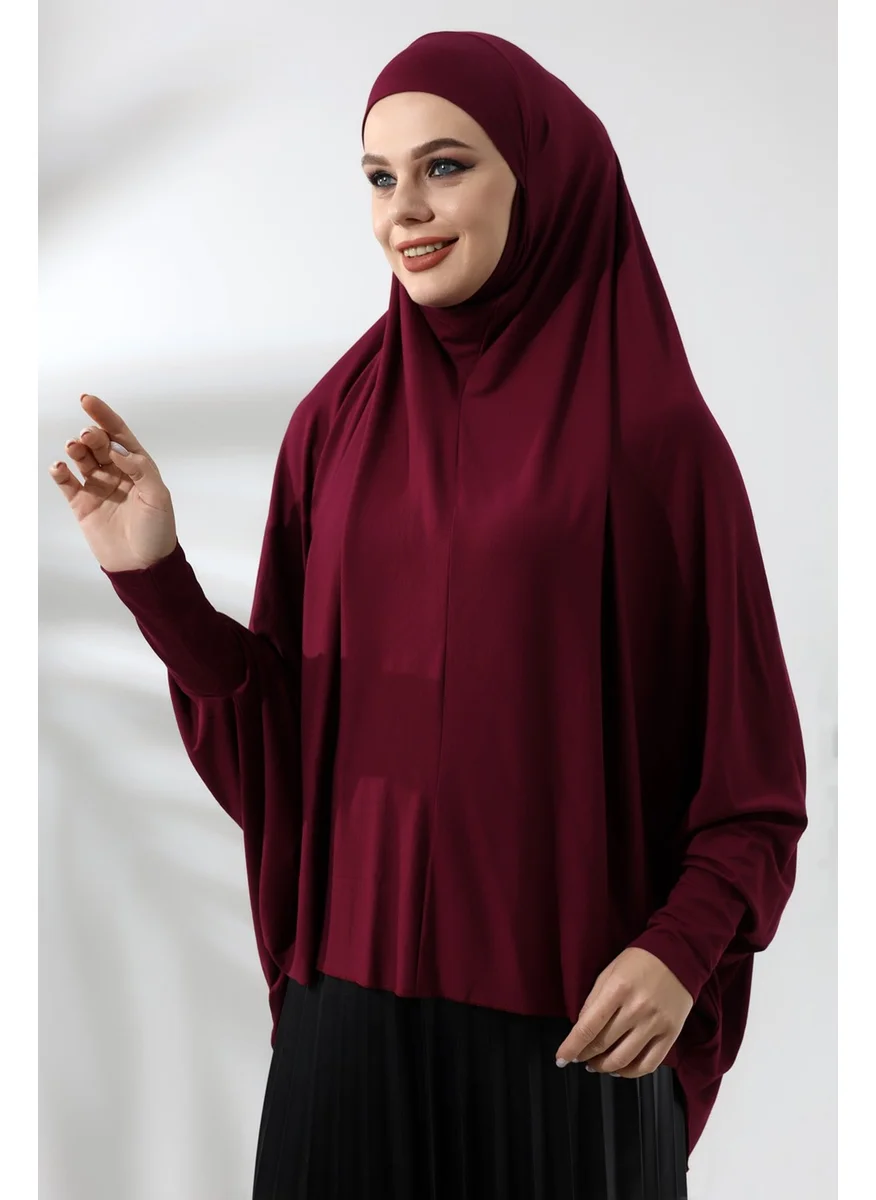 İhvan Online Claret Red Ready Practical Sultanbaş Hijab Sleeve Combed Cotton Soufflé Scarf Hijab