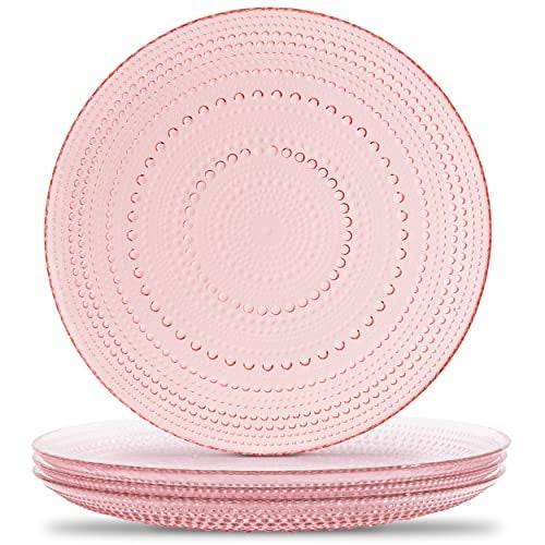 Yungala Pink Hobnail Plates, Set of 4 Glass Vintage 10.5” Dinner Plates that are Dishwasher Safe - Image 1