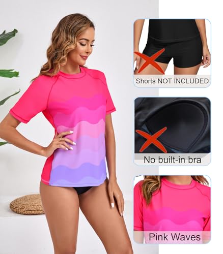 Halcurt Women's Short Sleeve Swim Shirt Rash Guard Swimsuit Top Only UPF50+ Sun Protection Bathing Suit Ombre Pink Light Purple M - Image 3