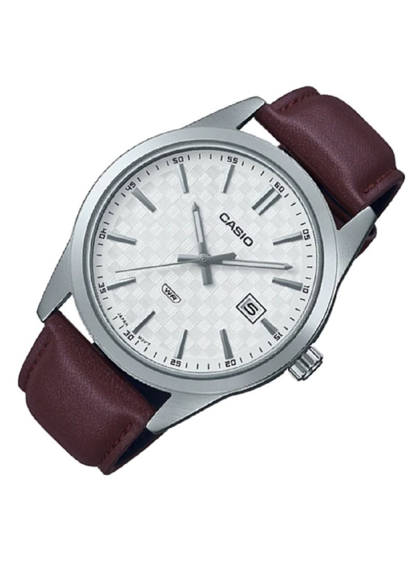 Casio Men Watch Analog Date Display White Dial Leather Band MTP-VD03L-5AUD - Image 2