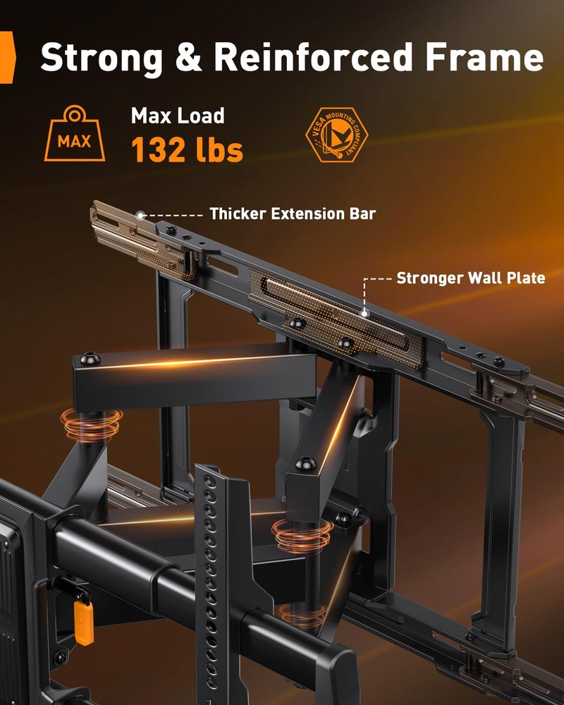 Perlegear Full Motion TV Wall Mount for 42â€“97 inch TVs up to 132 lbs, Preassembled and Telescopic Design for Easy Setup, Swivel, Tilt and Extension, Fits 16â€³/18â€³/24â€³ Wood Studs, Max VESA 600x400mm - Image 5