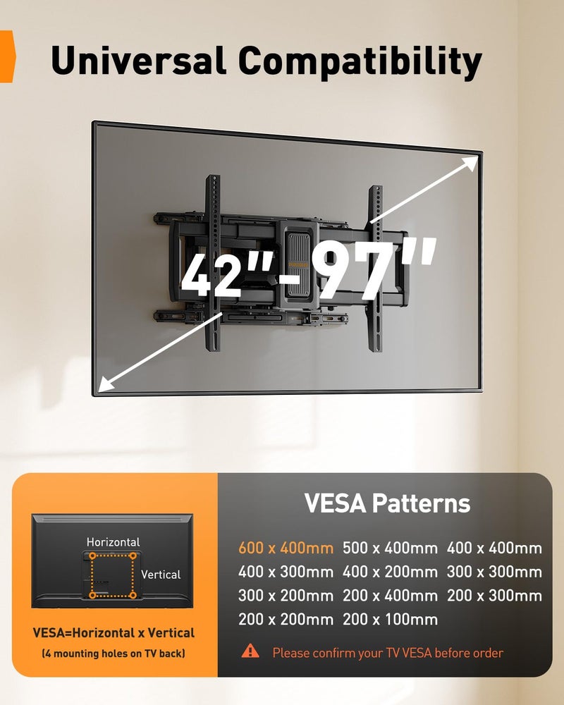 Perlegear Full Motion TV Wall Mount for 42â€“97 inch TVs up to 132 lbs, Preassembled and Telescopic Design for Easy Setup, Swivel, Tilt and Extension, Fits 16â€³/18â€³/24â€³ Wood Studs, Max VESA 600x400mm - Image 2