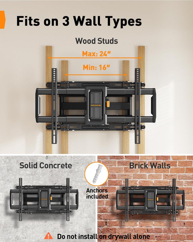 Perlegear Full Motion TV Wall Mount for 42â€“97 inch TVs up to 132 lbs, Preassembled and Telescopic Design for Easy Setup, Swivel, Tilt and Extension, Fits 16â€³/18â€³/24â€³ Wood Studs, Max VESA 600x400mm - Image 3