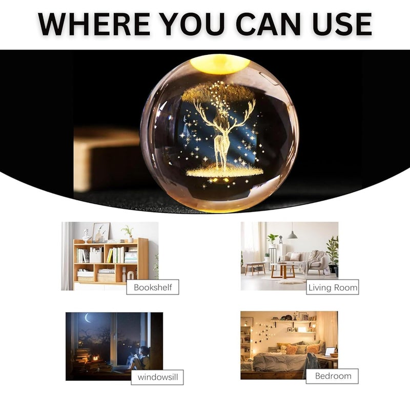 Star Galaxy Crystal Deer Lamp, 3D Engraved Glass Ball with LED Light, Night Light for Bedroom or Office, Home Decor and Birthday Gift, Energy Efficient, Luminous Base - Image 4