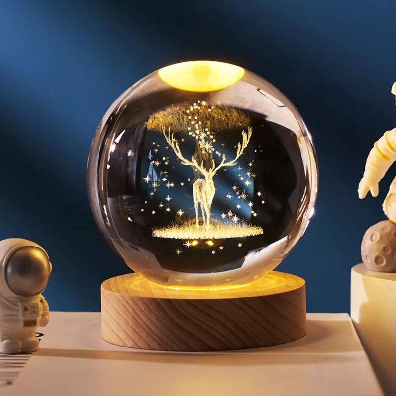 Star Galaxy Crystal Deer Lamp, 3D Engraved Glass Ball with LED Light, Night Light for Bedroom or Office, Home Decor and Birthday Gift, Energy Efficient, Luminous Base - Image 1