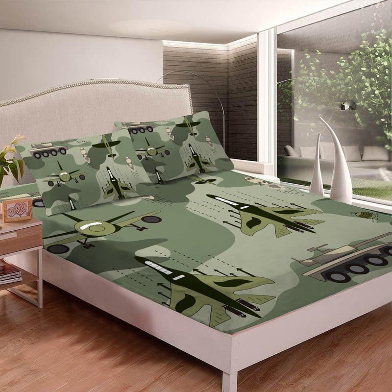 Yasida Yasida Full Size Fitted Sheets Bedding Airplane Sheets Camo Bed Sheets for Kids Airplane Tank Camping Bed Sheet Set for Boys and Girls 3 Pack Bed Fitted Sheet and 2Pillowcases Set - Image 2