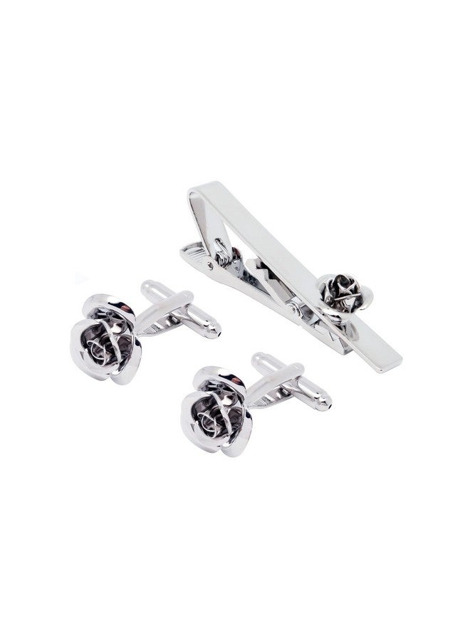 Jonwo Rose Flower Cufflinks And Tie Pin Set Regular Necktie Tie Clip Tie Bar Men Cufflinks For Wedding Business Shirt Tie (Silver Cufflinks Tie Pin Set) - Image 1