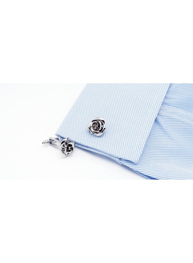 Jonwo Rose Flower Cufflinks And Tie Pin Set Regular Necktie Tie Clip Tie Bar Men Cufflinks For Wedding Business Shirt Tie (Silver Cufflinks Tie Pin Set) - Image 2