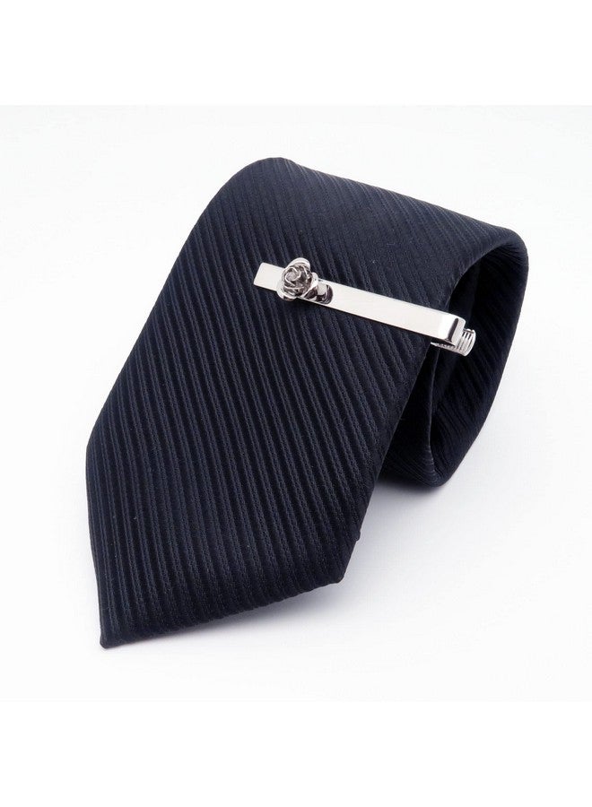 Jonwo Rose Flower Cufflinks And Tie Pin Set Regular Necktie Tie Clip Tie Bar Men Cufflinks For Wedding Business Shirt Tie (Silver Cufflinks Tie Pin Set) - Image 3