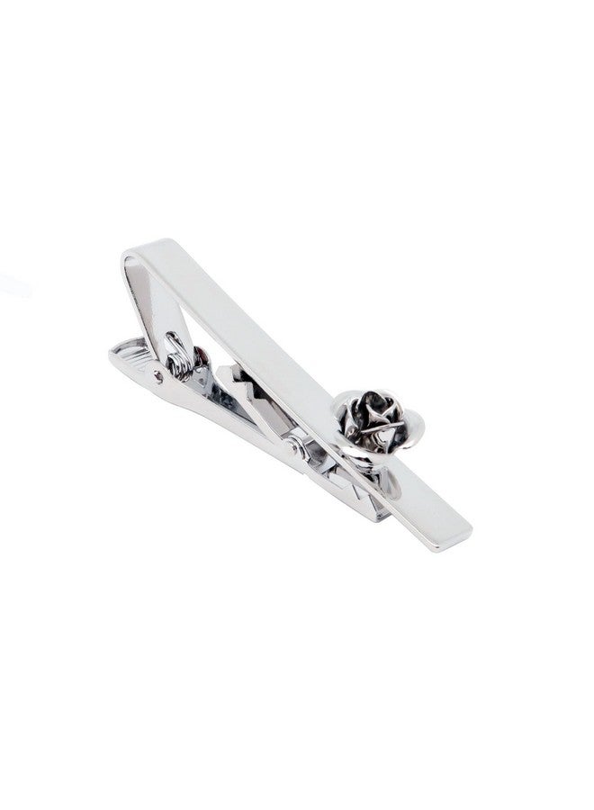 Jonwo Rose Flower Cufflinks And Tie Pin Set Regular Necktie Tie Clip Tie Bar Men Cufflinks For Wedding Business Shirt Tie (Silver Cufflinks Tie Pin Set) - Image 5