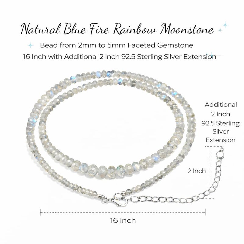 Myhealingworld Natural Blue Fire Rainbow Moonstone bead from 2mm to 5mm faceted gemstone 16 Inch with additional 2 inch 92.5 sterling silver extension beaded necklace - Image 3