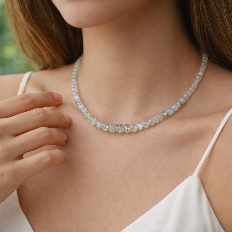 Myhealingworld Natural Blue Fire Rainbow Moonstone bead from 2mm to 5mm faceted gemstone 16 Inch with additional 2 inch 92.5 sterling silver extension beaded necklace - Image 5