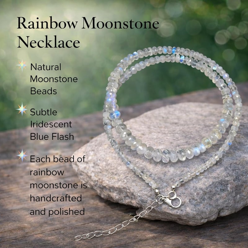 Myhealingworld Natural Blue Fire Rainbow Moonstone bead from 2mm to 5mm faceted gemstone 16 Inch with additional 2 inch 92.5 sterling silver extension beaded necklace - Image 2