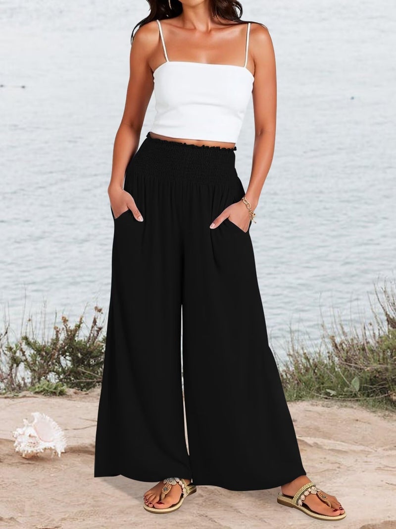 KISSMODA Women Palazzo Pants Summer Boho Bagyy Wide Leg High Smocked Waist Casual Loose Lounge Pant with Pocket Black L - Image 4